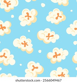 Popcorn seamless pattern on blue background. National Popcorn Day wallpaper. January 19. Food or holidays theme. Vector illustration.