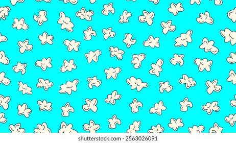 Popcorn seamless pattern on bright blue background. Popcorn motif cute cartoon style. Cinema wallpaper, backdrop, print, food wrapper, decoration