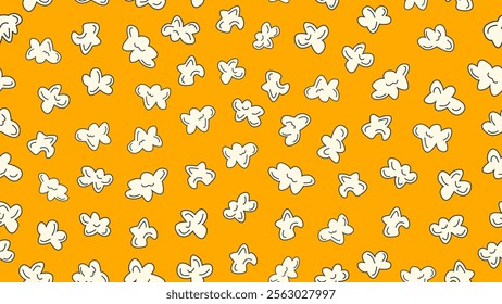 Popcorn seamless pattern on orange background. Popcorn motif cute cartoon style. Cinema wallpaper, backdrop, print, food wrapper, decoration