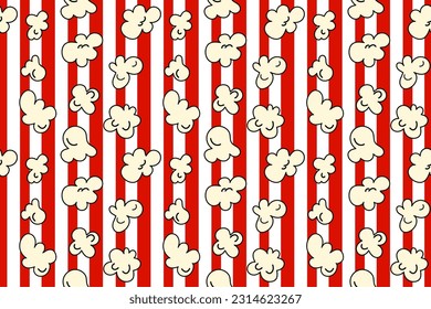 Popcorn seamless pattern on red and white color striped background. vector illustration cartoon 90s style 