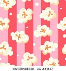 Popcorn seamless pattern on striped red background. National Popcorn Day wallpaper. Food, cinema or holidays theme. Vector illustration.