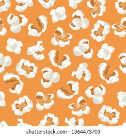 Popcorn seamless pattern on yellow background. Food vector illustration in cartoon simple flat style.
