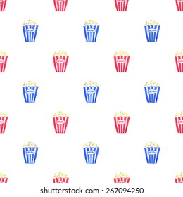 Popcorn. Seamless pattern with popcorn pack. Hand-drawn background. Vector illustration. Real watercolor drawing.
