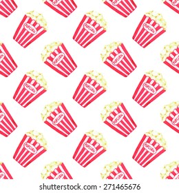 Popcorn. Seamless pattern with popcorn pack. Hand-drawn background. Vector illustration. Real watercolor drawing.