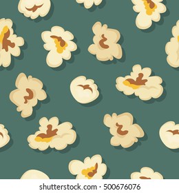 Popcorn seamless pattern vector in flat style design. Traditional salty, sweet snack. Ornament for wallpapers, polygraphy, textiles, web page design, surface textures. Isolated on colored background.