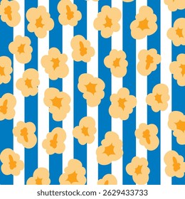 Popcorn padrão sem costura ilustração Vetor. Plano de fundo do padrão pipoca. Pode ser usado para pano de fundo, papel de embrulho, cartões, etc