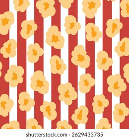 Popcorn padrão sem costura ilustração Vetor. Plano de fundo do padrão pipoca. Pode ser usado para pano de fundo, papel de embrulho, cartões, etc