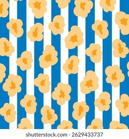 Popcorn padrão sem costura ilustração Vetor. Plano de fundo do padrão pipoca. Pode ser usado para pano de fundo, papel de embrulho, cartões, etc