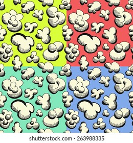 Popcorn seamless pattern as wrapper. 4 backgrounds colors for examples