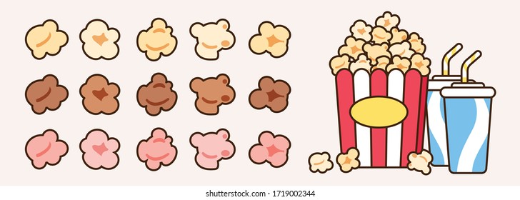 Popcorn set with box and drinks in 3 flavors: salt caramel, chocolate, strawberry.Sweet dessert icon vector illustration flat design for cinema, movie, theater, film