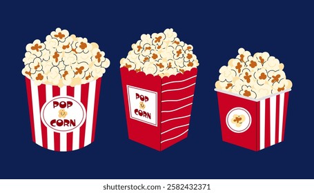 Popcorn. Set box with popcorn. Red pack with popcorn for cinema or movie. Flat food vector illustration.