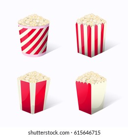 Popcorn set collection in different packages snack striped boxes when watching movies. Fast food icon vector illustration for your project boundary.