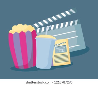 popcorn with set icons of cinema