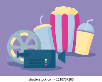 popcorn with set icons of cinema