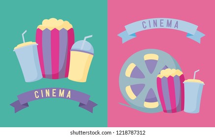 popcorn with set icons of cinema