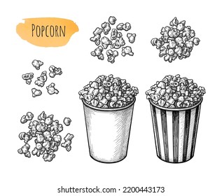 Popcorn set. Ink sketch isolated on white background. Hand drawn vector illustration. Retro style.