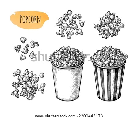 Popcorn set. Ink sketch isolated on white background. Hand drawn vector illustration. Retro style.