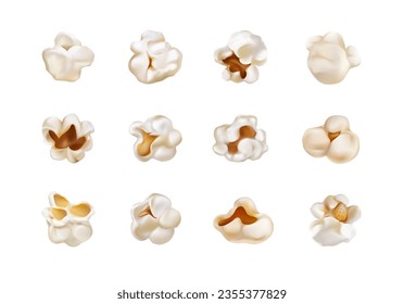 Popcorn set for movie. Realistic fastfood Cinema Theater. Food appetizing Design. Pop corn cutout isolated collection on white nackground. Vector illustration