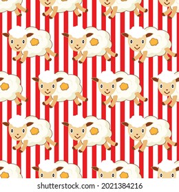 Popcorn and sheep background with red and white stripes. Seamless and repeating pattern. Editable template. Vector illustration.
