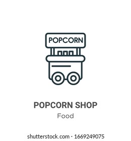 Popcorn Shop Umriss Vektorillustration Symbol. Dünne schwarze Popcorn-Shop-Symbol, einfache flache Vektorillustration-Elementgrafik aus bearbeitbarem Lebensmittelkonzept einzeln auf weißem Hintergrund