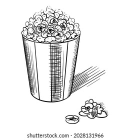 Popcorn sketch on white background. Cinema snack in striped paper bucket. Vector illustration.