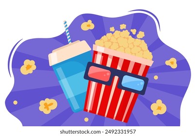 Popcorn snack banner. Takeaway snack, fast food crunchy dessert or party meal. Cinema sweetcorn explosion burst retro banner. Vector