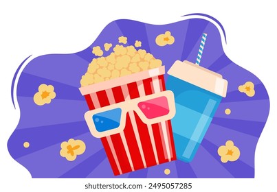 Popcorn snack banner. Takeaway snack, fast food crunchy dessert or party meal. Cinema sweetcorn explosion burst retro banner. Vector