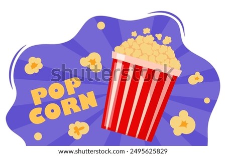 Popcorn snack banner. Takeaway snack, fast food crunchy dessert or party meal. Cinema sweetcorn explosion burst retro banner. Vector