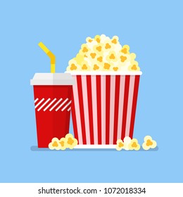 Popcorn snack and drink in flat style. Vector illustration