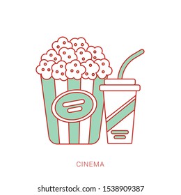 Popcorn snack and drink in flat style. Vector illustration