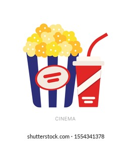 Popcorn snack and drink in flat style. Vector illustration