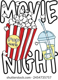 Popcorn snack and drink on a white background with movie night text. It can be printed on t-shirt