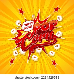 Popcorn snack explosion of cartoon movie pop corn burst vector background with halftone. Popcorn splash with stars and pop art yellow stripes for cinema snack bar or movie theater fast food menu