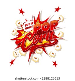 Popcorn snack explosion. Pop corn burst. Takeaway sweet meal, party fluffy dessert or fast food salty sweetcorn vector backdrop, cinema snack retro background or banner with halftone explosion cloud