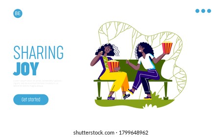 Popcorn snack landing page with two girls eating pop corn while talking outdoors in park. Friends meeting for talk enjoy fresh popcorn in retro bucket outdoors. Vector illustration