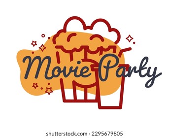 Popcorn snack on movie night or film party. Entertainment or amusement on weekends, leisuretime and recreation. Motion pictures and soda drink, watching reels. Banner or logo, vector in flat style