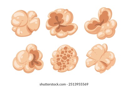 Bocadillo de palomitas. Popping maíz con sabor salado o dulce, película viendo crujiente snack flat set de Ilustración vectorial. Colección de palomitas de maíz de dibujos animados