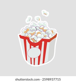 Popcorn Snack Vector Illustration Sticker. Fun vector sticker of a classic striped popcorn bucket filled with fluffy popcorn, ideal for movie night themes, food art, and snack branding