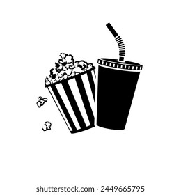 Popcorn and soda black icon. Tasty popcorn in a big red and white paper box and cool soda in a paper glass. Snack food to watch movies. Vector illustration flat design. Isolated on a white background.