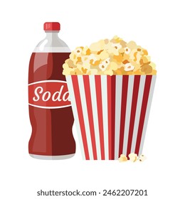 Popcorn, soda bottle in flat style isolated on white background. Popcorn and soda icon. Vector image. 