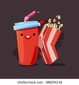 palomitas de maíz y soda. carácter de caja de palomitas besando taza de soda. concepto de amante de películas - ilustración vectorial