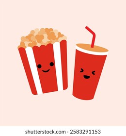 Popcorn and soda character illustration. Cute mascot with happy face