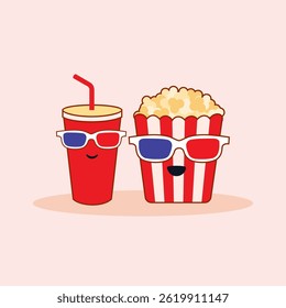 Popcorn and soda character wearing 3d glasses movie cinema. Cute mascot with happy face illustration