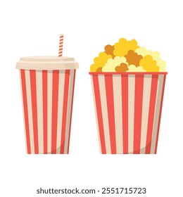 Palomitas de maíz y refrescos Cine de comida rápida. Palomitas de maíz y soda en vasos de papel. Ilustración vectorial