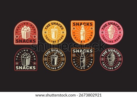 Popcorn, soda cups, soft drink bottles, and ice cream cones retro badge logo vector design collection set for restaurant, cafes, bar, culinary, snack, street food