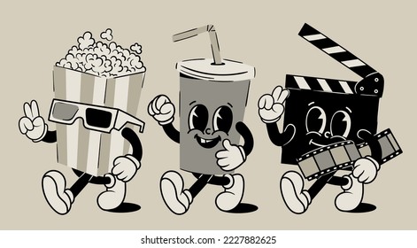 Popcorn, soda drink, clapperboard. Cute black and white cartoon characters with hands, legs, eyes. Retro comic style. Cinema, movie theater, movie watching concept. Hand drawn Vector illustration