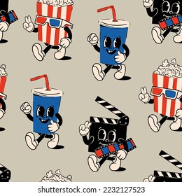 Popcorn, soda drink, clapperboard. Cute cartoon characters with hands, legs, eyes. Retro comic style. Cinema, movie theater, movie watching concept. Hand drawn Vector seamless Pattern