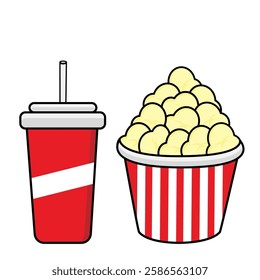 Popcorn and soda drink flat icons that can be used in food or drink and movie themed designs