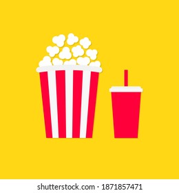 Popcorn soda drinking glass icon set. Cinema movie night. Big size white red strip box. Pop corn food. Cute movie cinema banner decoration template. Flat design style. Yellow background. Vector