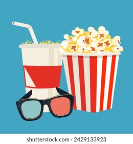 Popcorn, soda glass and 3d movie glasses isolated on turquoise background. Elements on the theme of the movie theater. Snacks. Vector illustration.